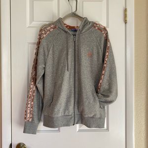 Adidas grey zip up with pink and white stripes on arms